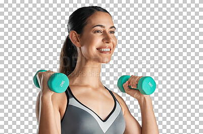 Buy stock photo Happy woman, fitness and smile with dumbbells for weightlifting isolated on a transparent PNG background. Fit, active and sporty female person smiling with dumbbell for workout, exercise or training