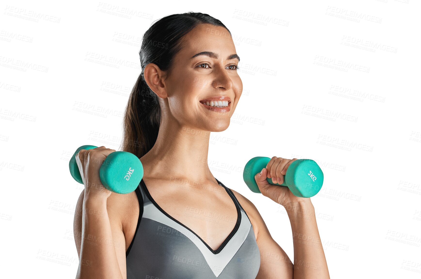 Buy stock photo Happy woman, fitness and smile with dumbbells for weightlifting isolated on a transparent PNG background. Fit, active and sporty female person smiling with dumbbell for workout, exercise or training