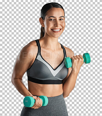 Buy stock photo Fitness, dumbbells or portrait of happy girl training, exercise or workout for powerful arms or muscles. Curls, strength or sports woman athlete lifting weights isolated on transparent png background