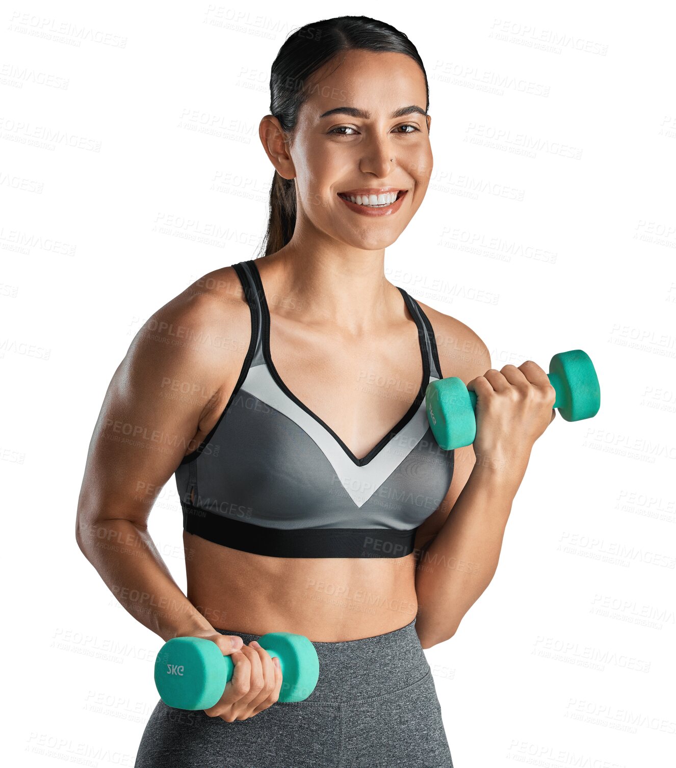 Buy stock photo Fitness, dumbbells or portrait of happy girl training, exercise or workout for powerful arms or muscles. Curls, strength or sports woman athlete lifting weights isolated on transparent png background