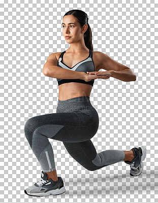 Buy stock photo Fitness, lunges or girl stretching in training, exercise or workout isolated on transparent png background. Warm up, active sports or healthy woman athlete exercising for powerful legs or balance