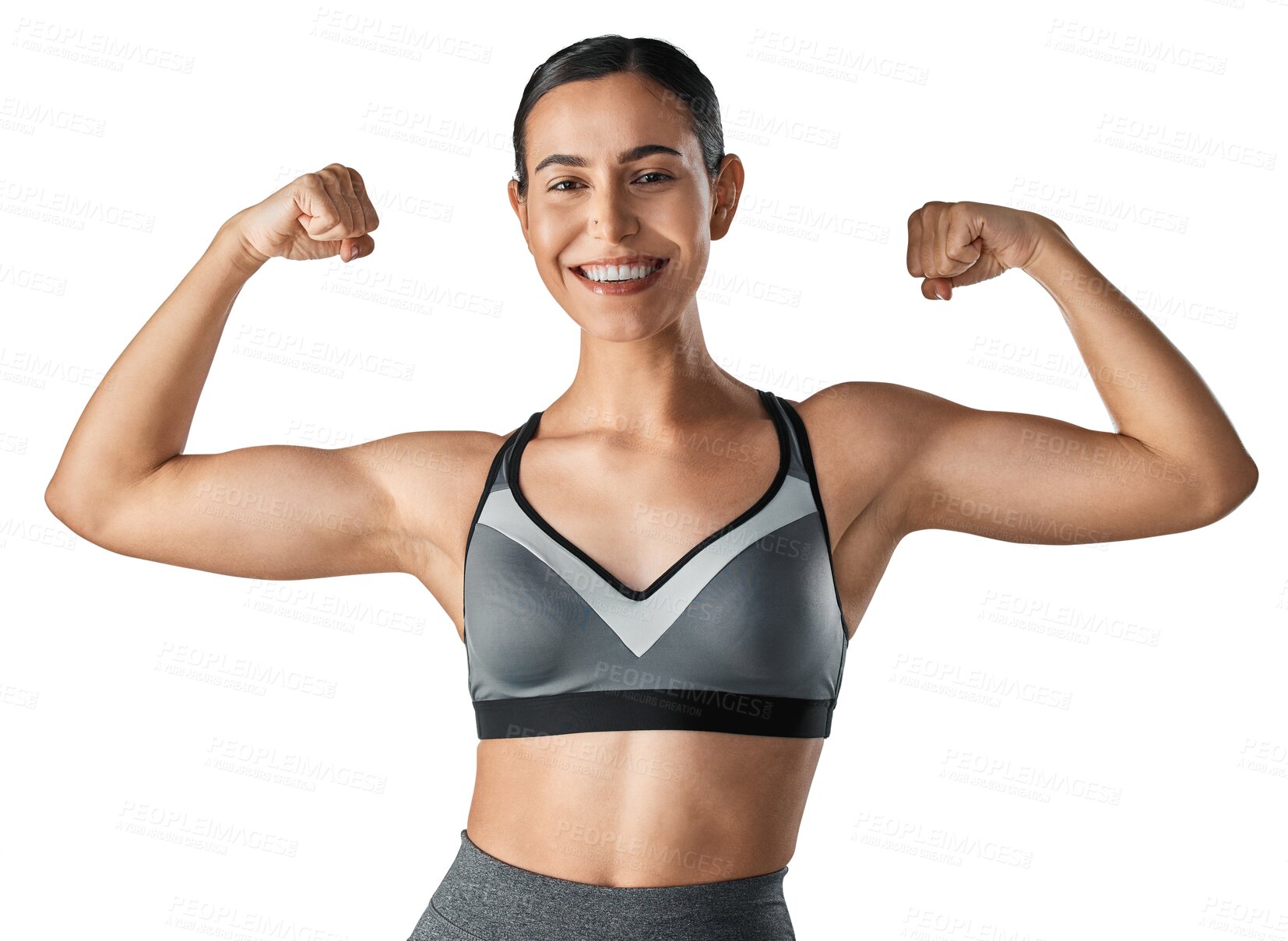 Buy stock photo Fitness, portrait or happy woman flexing muscle, arms or biceps in sports training, workout or exercise. Smile, empowerment or strong girl body builder athlete isolated on transparent png background