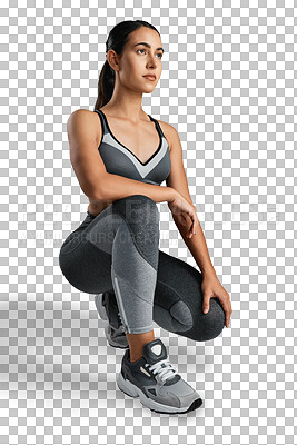 Buy stock photo Fitness, thinking and woman with focus for workout on isolated, png and transparent background. Sports clothes, wellness and serious female athlete kneeling for exercise, training and healthy body