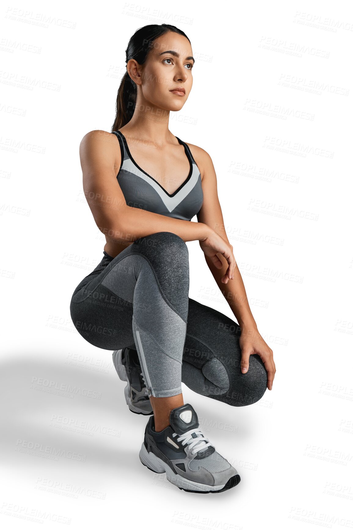 Buy stock photo Fitness, thinking and woman with focus for workout on isolated, png and transparent background. Sports clothes, wellness and serious female athlete kneeling for exercise, training and healthy body