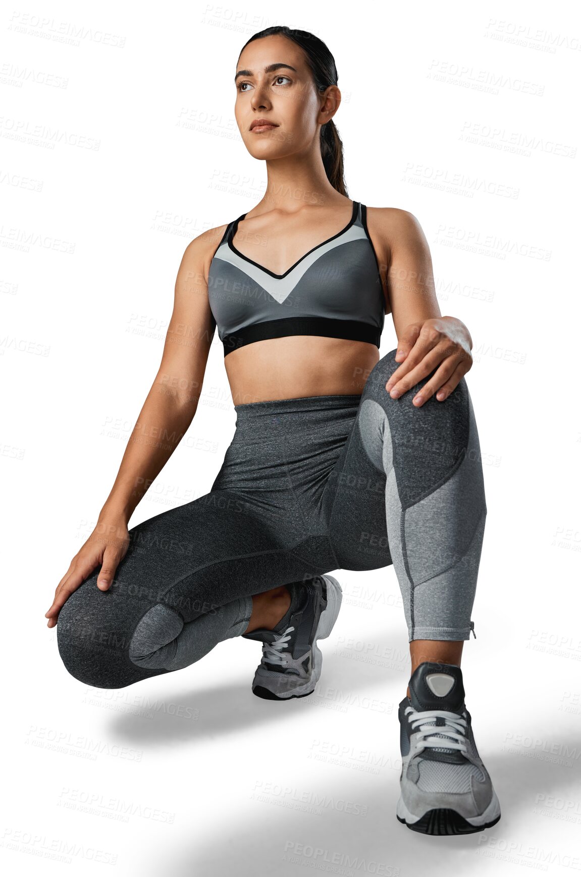 Buy stock photo Fitness, thinking and woman with sportswear for workout on isolated, png and transparent background. Sports clothes, wellness and serious female athlete kneel for exercise, training and healthy body