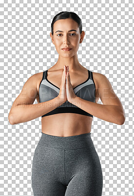 Buy stock photo Woman, portrait and yoga in namaste pose for spiritual wellness isolated on a transparent PNG background. Female person or yogi with hands together in peaceful zen workout, body and calm exercise