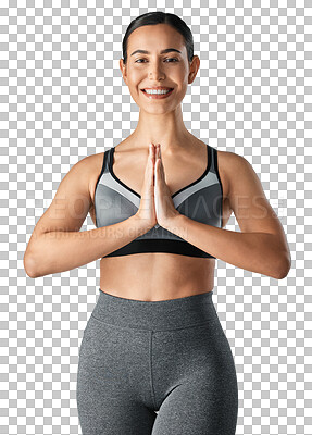 Buy stock photo Happy woman, portrait smile and yoga in namaste pose for spiritual wellness isolated on a transparent PNG background. Female person or yogi with hands together smiling for peaceful zen and calm body