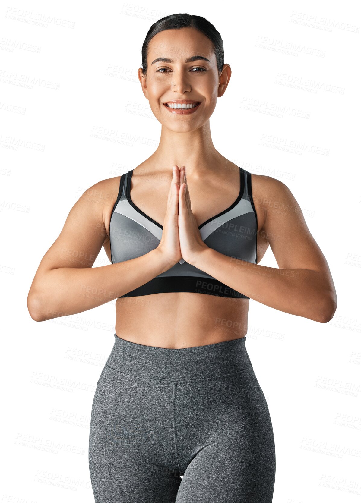 Buy stock photo Happy woman, portrait smile and yoga in namaste pose for spiritual wellness isolated on a transparent PNG background. Female person or yogi with hands together smiling for peaceful zen and calm body