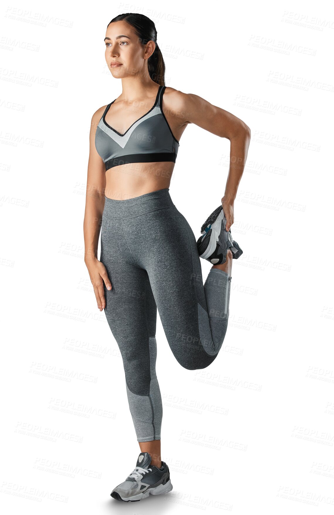 Buy stock photo Fitness, full body or girl stretching legs in training, exercise or workout isolated on transparent png background. Gym warm up, wellness or healthy sports woman athlete exercising for flexibility