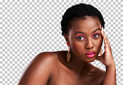 Buy stock photo Beauty, makeup or portrait of black girl with cosmetics on isolated on transparent png background. Confidence, facial skincare or face of woman with pink eyeshadow, lipstick or glamour for self care