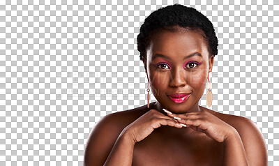 Buy stock photo Beauty, makeup and portrait of black woman with cosmetics on isolated, png and transparent background. Cosmetology, luxury salon and face of female person with pink eyeshadow, lipstick and glamour