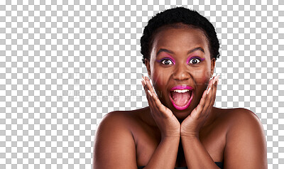 Buy stock photo Black woman, portrait and surprise for beauty makeup or cosmetics isolated on a transparent PNG background. Face of surprised or excited African female person for facial treatment, skincare or wow