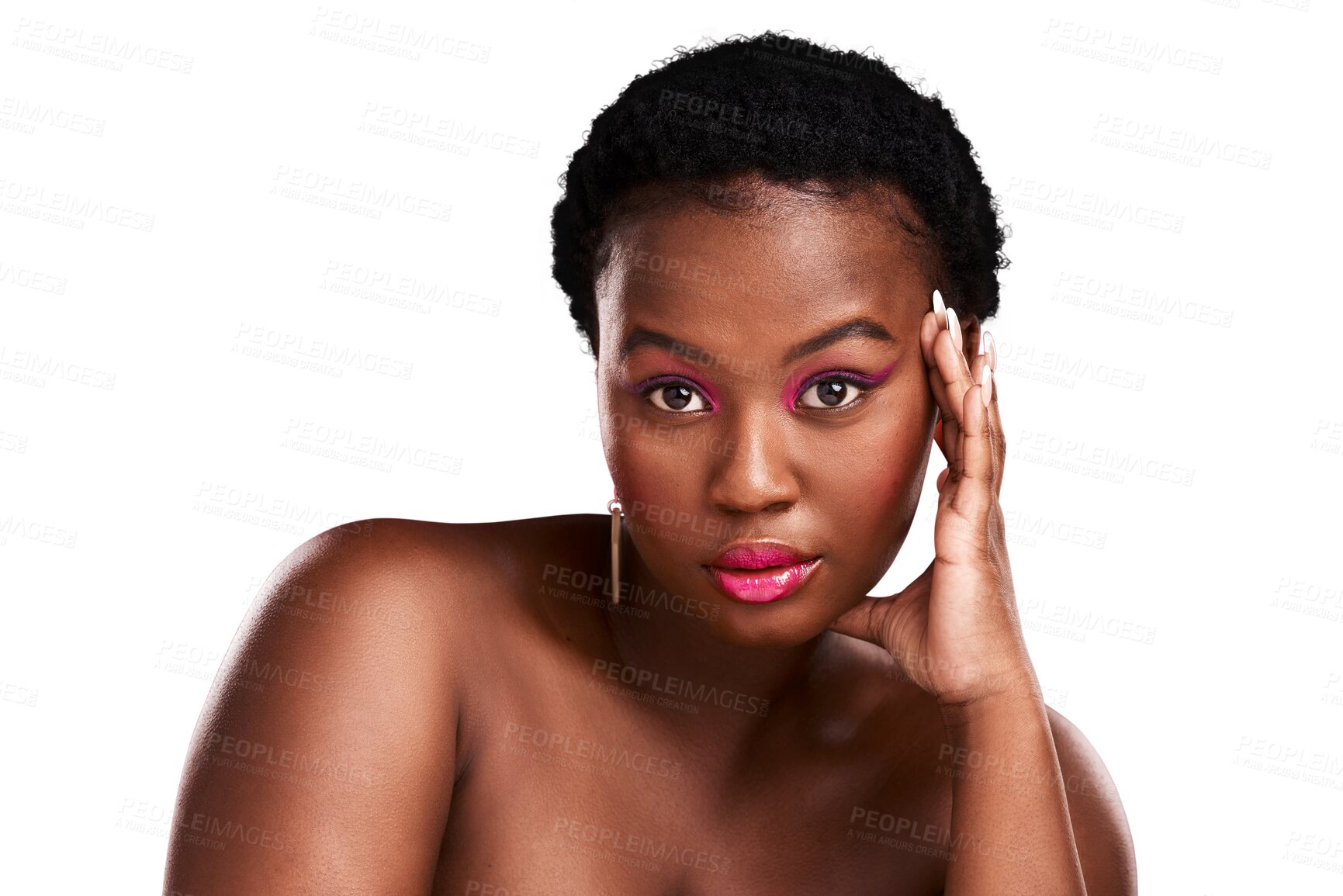 Buy stock photo Beauty, salon and portrait of black woman with makeup on isolated, png and transparent background. Cosmetology, luxury cosmetics and face of female person with pink eyeshadow, lipstick and glamour