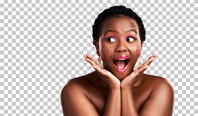 Buy stock photo Beauty, makeup or shocked black woman with cosmetics on isolated on transparent png background. Wow, facial skincare sale or face of surprised girl with pink eyeshadow or lipstick for discount deal