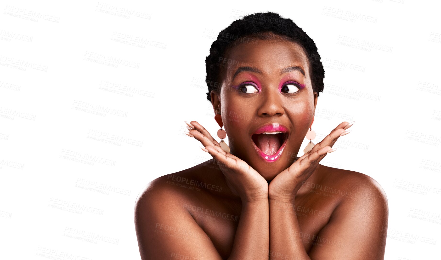 Buy stock photo Beauty, makeup or shocked black woman with cosmetics on isolated on transparent png background. Wow, facial skincare sale or face of surprised girl with pink eyeshadow or lipstick for discount deal