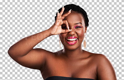 Buy stock photo Happy black woman, portrait and okay sign for makeup or beauty cosmetics isolated on a transparent PNG background. Face of African female person or model smiling with OK hand gesture for perfection