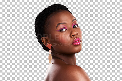 Buy stock photo Makeup, cosmetics and portrait of serious black woman on isolated, png and transparent background. Cosmetology, beauty salon and face of female person with pink eyeshadow, lipstick and luxury glamour