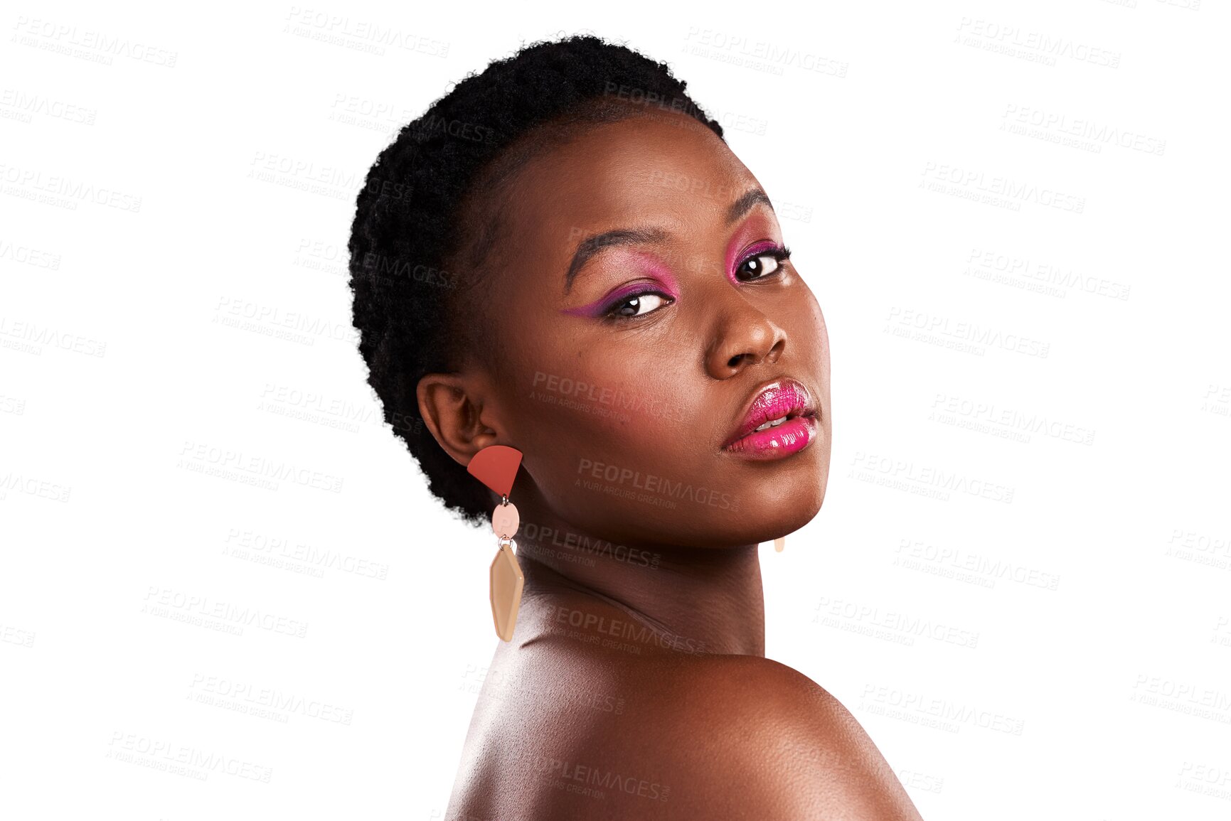 Buy stock photo Makeup, cosmetics and portrait of serious black woman on isolated, png and transparent background. Cosmetology, beauty salon and face of female person with pink eyeshadow, lipstick and luxury glamour