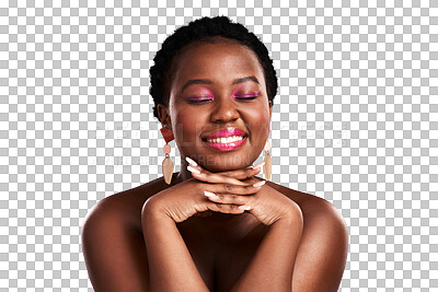 Buy stock photo Happy black woman, smile and makeup for beauty skincare isolated on a transparent PNG background. African female person smiling in joyful happiness for spa cosmetics, jewelry or facial treatment