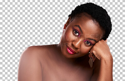 Buy stock photo Black woman, portrait or relax with makeup for beauty isolated on transparent PNG background. Skincare of African female person or model with hand on face for self love, cosmetics or facial treatment