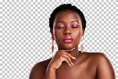 Buy stock photo Beauty, makeup or black girl with glow or cosmetics on isolated on transparent png background. Eyes closed, facial skincare or face of woman with pink eyeshadow, lipstick or glamour for self love