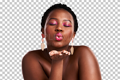 Buy stock photo Beauty, makeup or black woman blowing kiss with glow on isolated on transparent png background. Flirt, facial skincare or face of African girl with pink eyeshadow, lipstick or cosmetics for self love