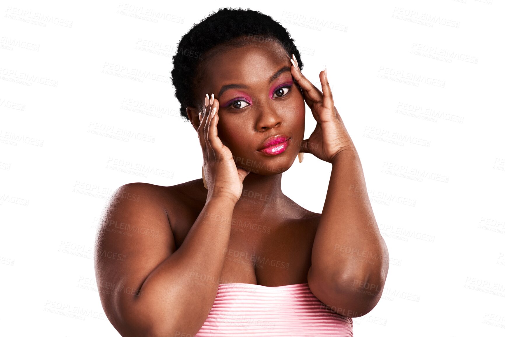 Buy stock photo Glamour, makeup or portrait of black girl with beauty on isolated on transparent png background. Cosmetology, facial skincare or face of woman with pink eyeshadow, cosmetics or glow for self love