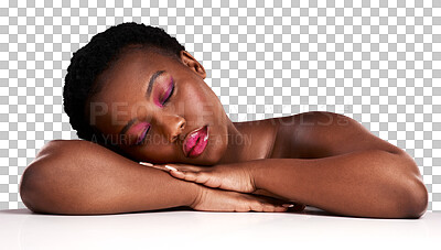 Buy stock photo Beauty, eyeshadow or face of black woman with makeup on isolated on transparent png background. Eyes closed, facial skincare or African girl with lipstick, glamour cosmetics or glow for self love 