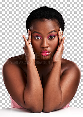 Buy stock photo Face, makeup or portrait of black girl with beauty cosmetics on isolated on transparent png background. African, facial skincare or face of woman with pink eyeshadow, lipstick or glow for self love