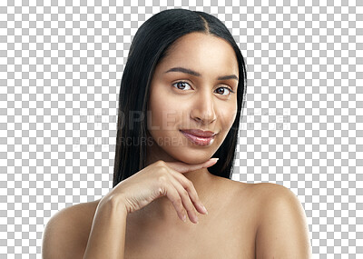 Buy stock photo Natural, shine and portrait of woman with beauty smooth skin isolated in a transparent or png background. Care, skincare and young female person with cosmetic smooth, soft and glow skin or face