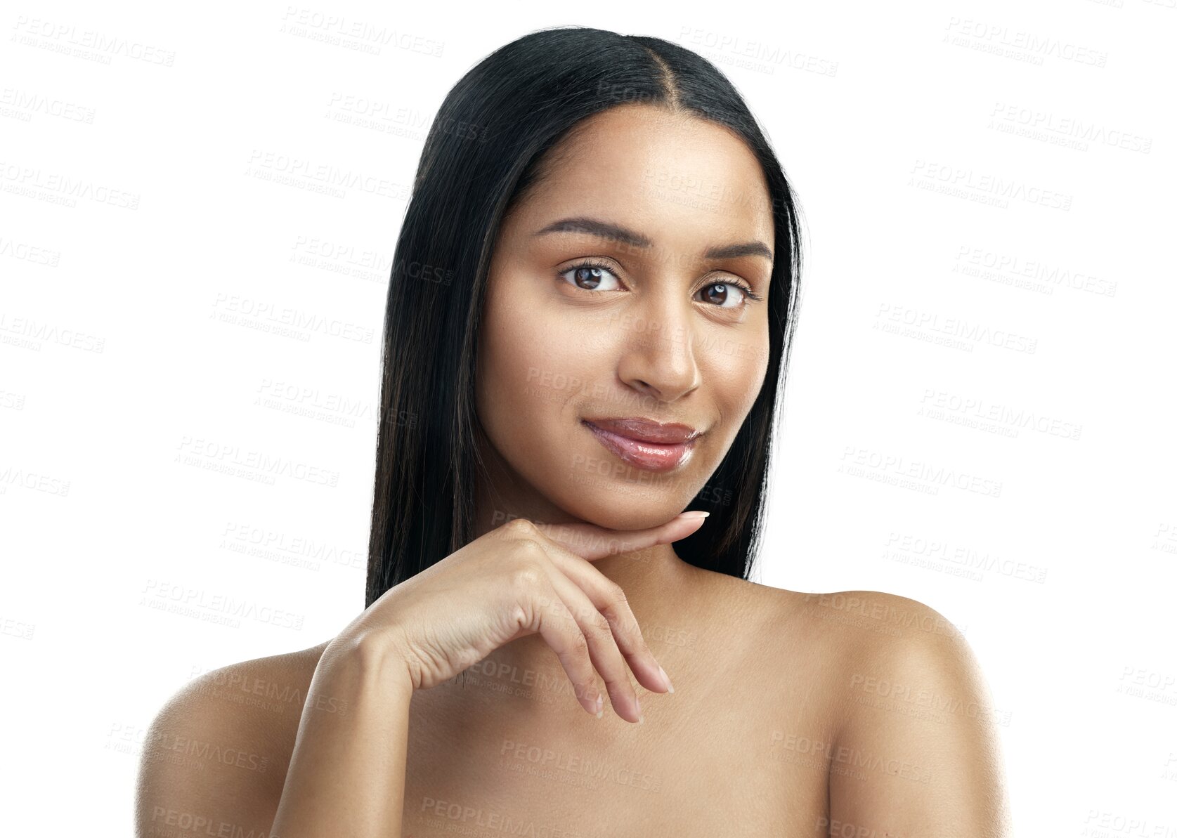 Buy stock photo Natural, shine and portrait of woman with beauty smooth skin isolated in a transparent or png background. Care, skincare and young female person with cosmetic smooth, soft and glow skin or face