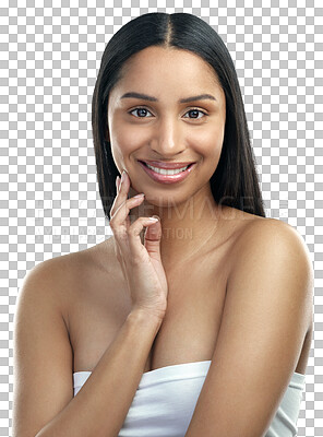 Buy stock photo Beauty, skincare and portrait of natural happy woman on isolated, png and transparent background. Dermatology, salon and face of female person with cosmetics for facial treatment, wellness and health