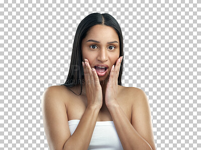 Buy stock photo Wow, portrait or woman shocked by announcement news on isolated on transparent png background. Natural, facial skincare sale or face of surprised girl with beauty for discount deal or retail offer