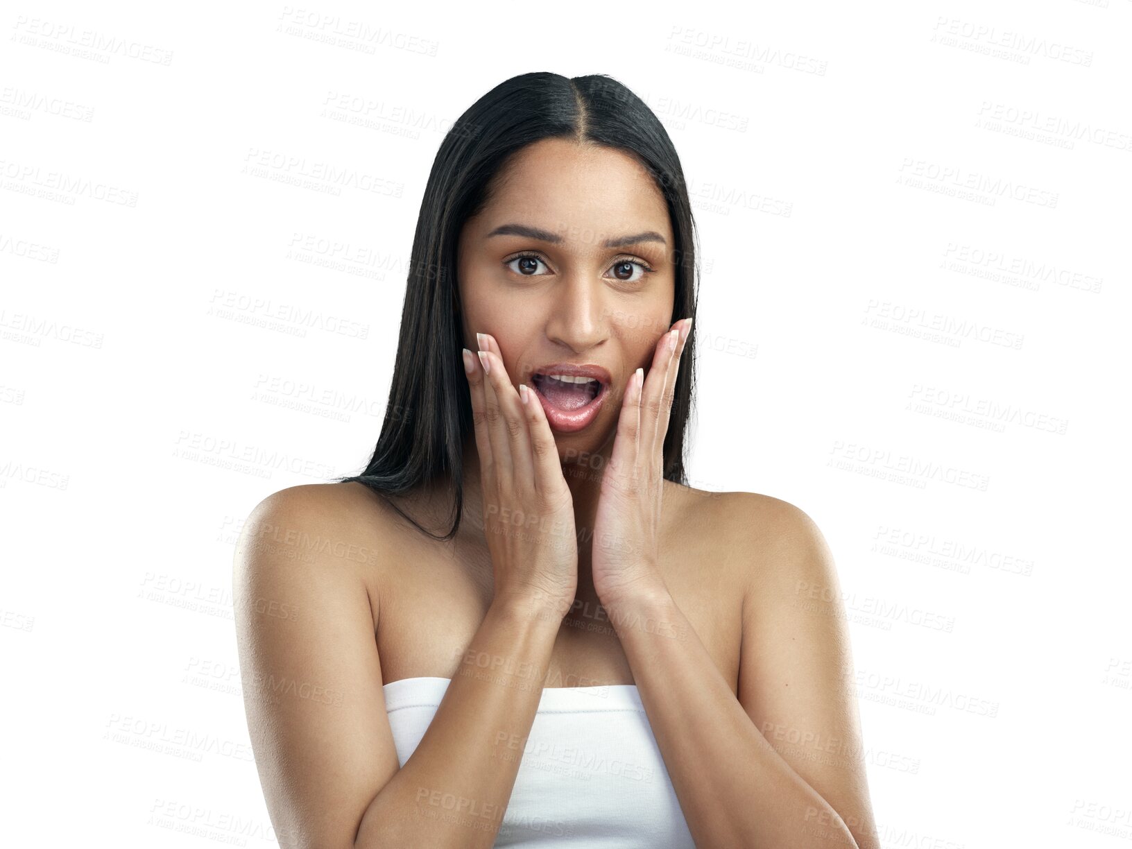 Buy stock photo Wow, portrait or woman shocked by announcement news on isolated on transparent png background. Natural, facial skincare sale or face of surprised girl with beauty for discount deal or retail offer