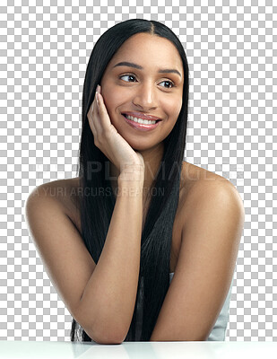 Buy stock photo Face, happy or woman thinking of beauty or natural glow on isolated on transparent png background. Wonder, facial skincare or beautiful girl smiling with confidence, cosmetics or smile for self love