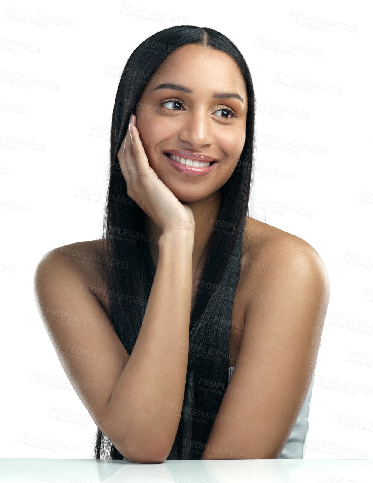 Buy stock photo Face, happy or woman thinking of beauty or natural glow on isolated on transparent png background. Wonder, facial skincare or beautiful girl smiling with confidence, cosmetics or smile for self love