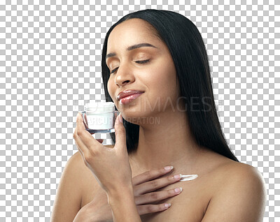 Buy stock photo Skincare, cream and face of woman with container on isolated, png and transparent background. Dermatology, beauty products and female person with jar for lotion, creme and moisturizer for wellness