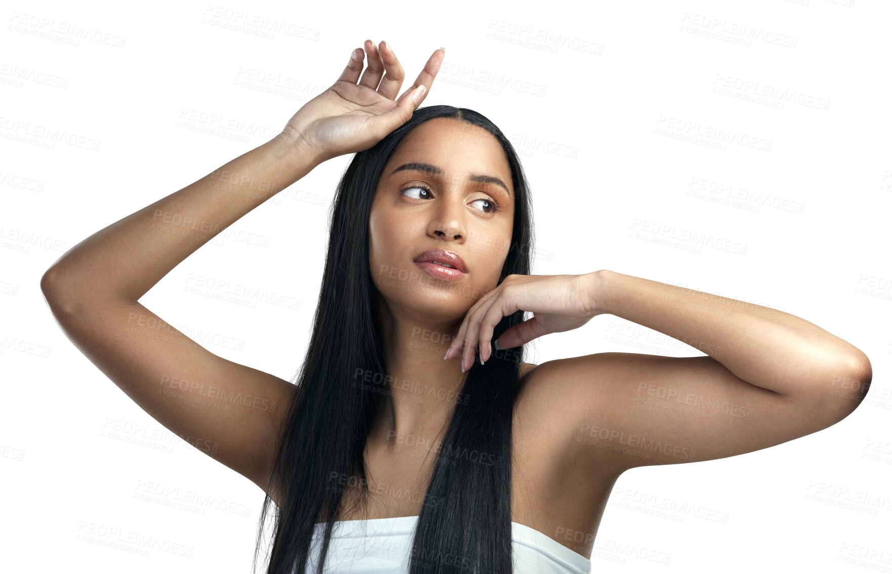 Buy stock photo Beauty, hair and face of natural woman for skincare on isolated, png and transparent background. Dermatology, luxury salon and female person thinking of satisfaction for wellness, glow and cosmetics