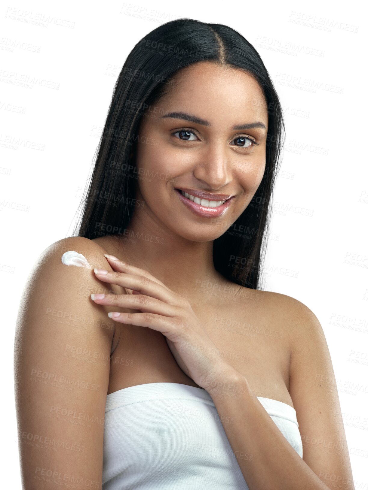 Buy stock photo Skincare, cream for body and portrait of woman on isolated, png and transparent background. Dermatology, beauty products and face of female person apply lotion, creme and moisturizer for wellness