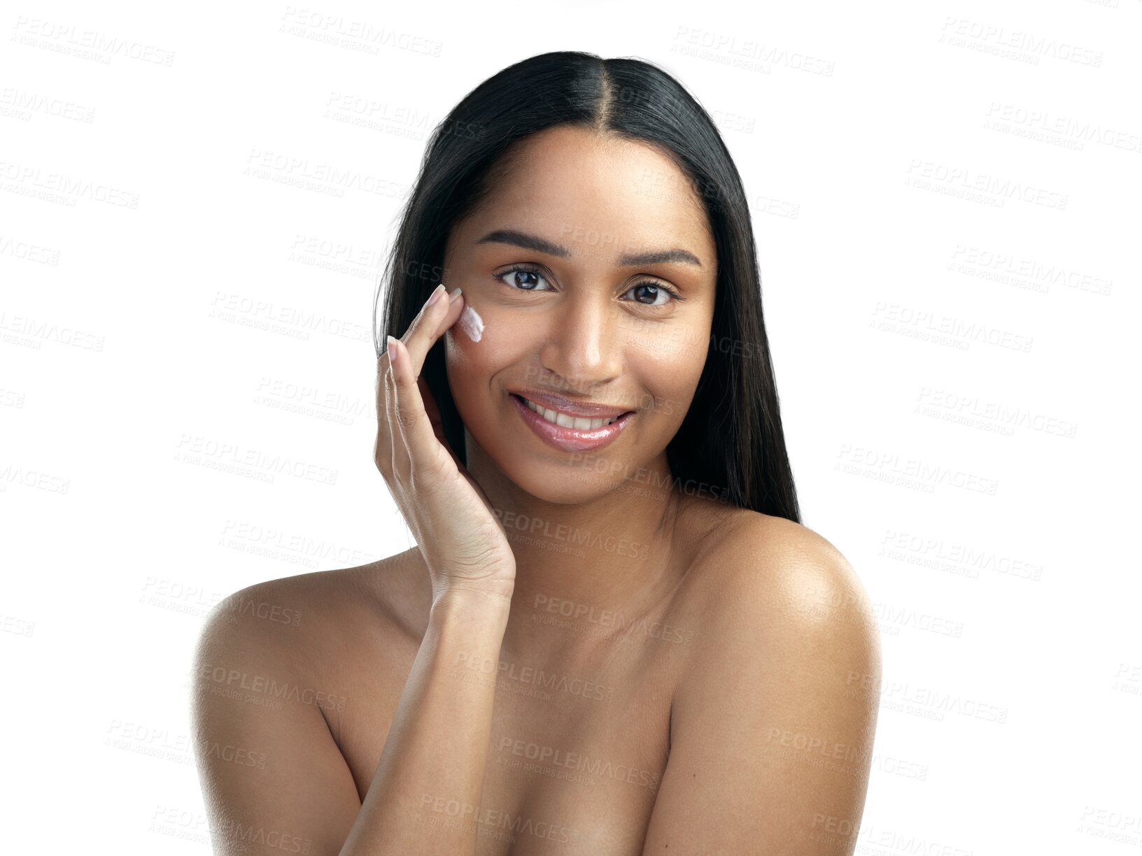 Buy stock photo Lotion, beauty and portrait of woman with moisturizer smooth skin isolated in transparent or png background. Care, skincare and young female person with cosmetic cream and glow face due to cosmetics