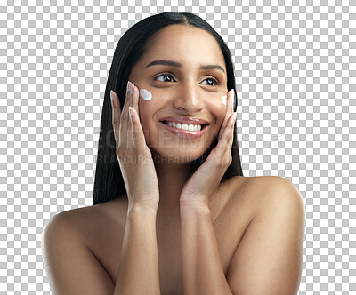 Buy stock photo Skincare, cream and face of woman for beauty on isolated, png and transparent background for wellness. Dermatology, salon products and happy female person with lotion, facial treatment or moisturizer