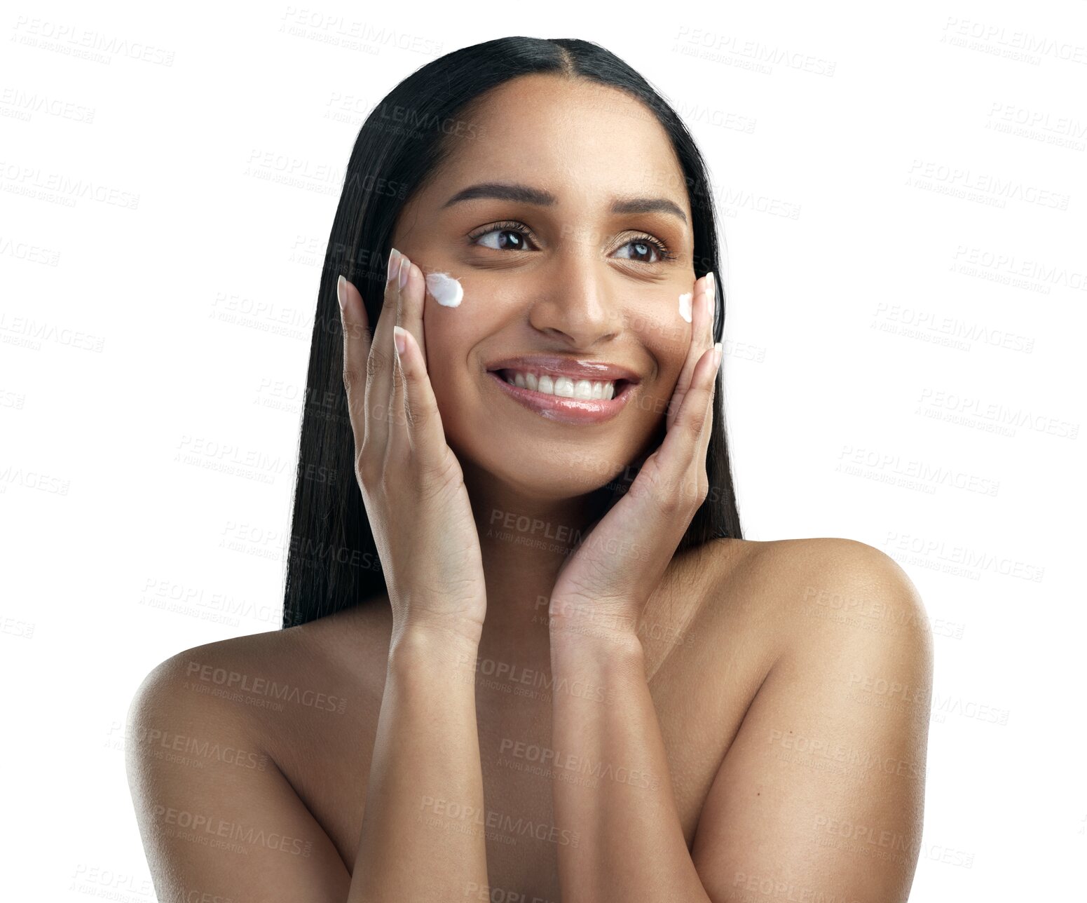 Buy stock photo Skincare, cream and face of woman for beauty on isolated, png and transparent background for wellness. Dermatology, salon products and happy female person with lotion, facial treatment or moisturizer