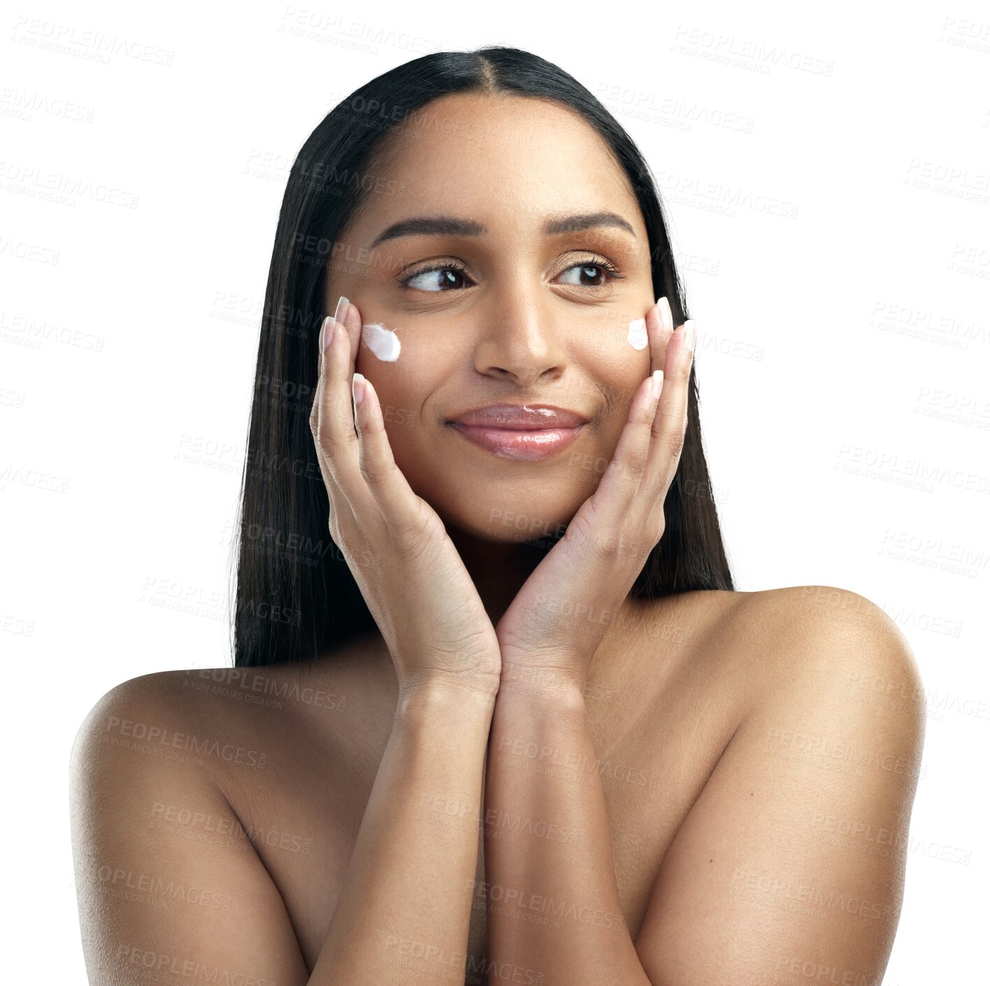 Buy stock photo Skincare, facial cream and face of woman on isolated, png and transparent background for wellness. Dermatology, beauty products and female person with cosmetics for lotion, creme and moisturizer