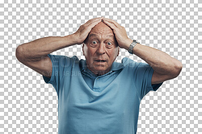 Buy stock photo Portrait, fear and senior man shocked, retirement and old guy isolated on a transparent background. Face, mature male person or elderly model with stress, surprise and announcement with png or scared