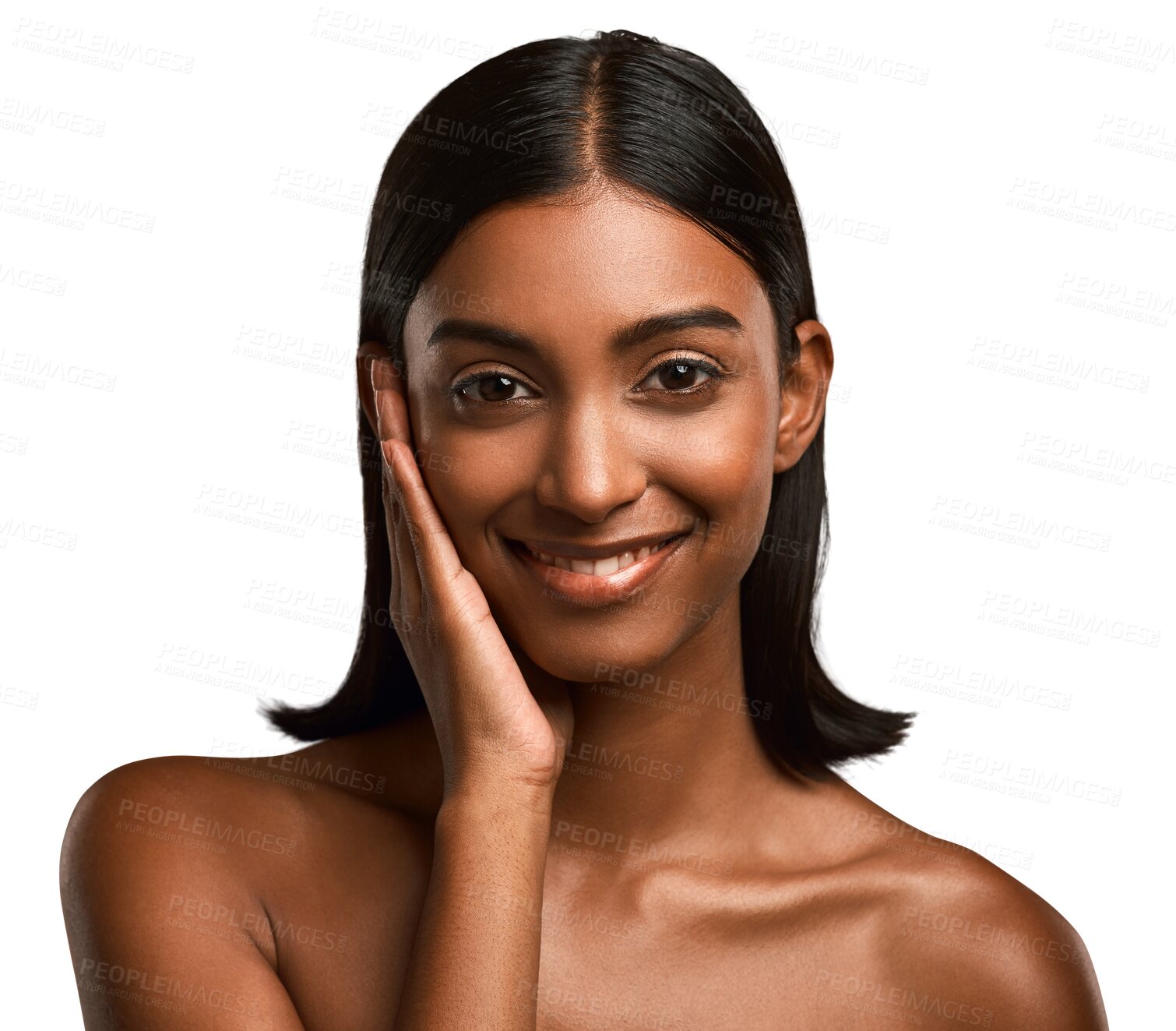 Buy stock photo Portrait, Indian woman and skincare for beauty, cosmetics or dermatology at salon or spa on transparent, isolated or png background. Face, hand and girl happy with skin, care and natural wellness