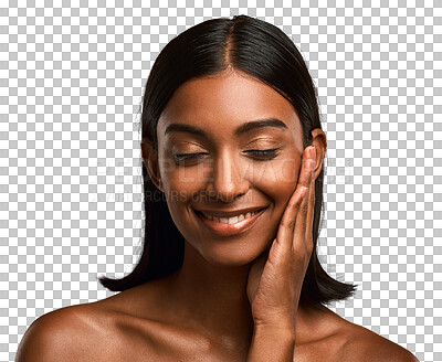 Buy stock photo Face, Indian woman and skincare for beauty, cosmetics or dermatology at salon or spa on transparent, isolated or png background. Facial, hand and girl happy with skin, care and natural wellness