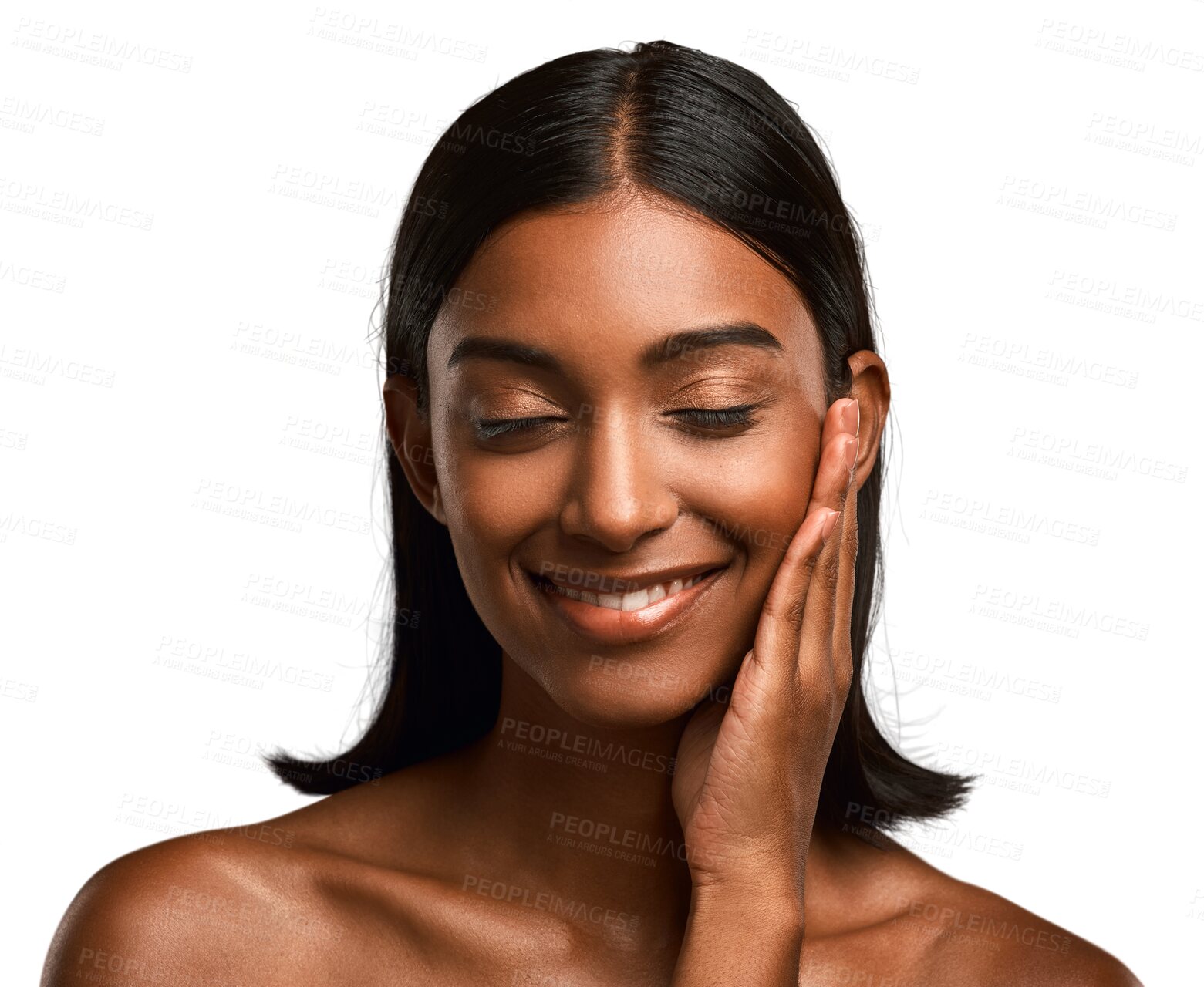 Buy stock photo Face, Indian woman and skincare for beauty, cosmetics or dermatology at salon or spa on transparent, isolated or png background. Facial, hand and girl happy with skin, care and natural wellness