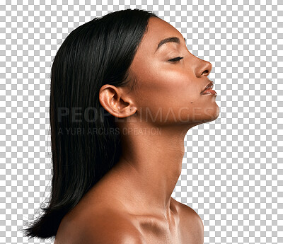 Buy stock photo Hair, care and indian woman for beauty, cosmetics or salon haircare and spa treatment for skin glow on transparent, isolated or png background. Person, relax and clean, natural or healthy hairstyle