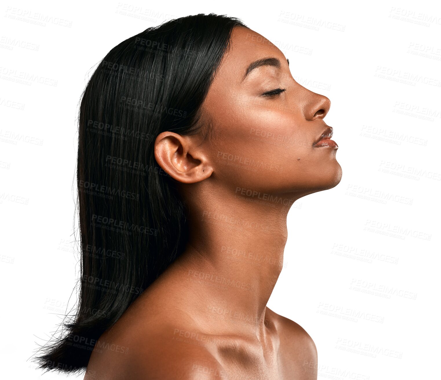Buy stock photo Hair, care and indian woman for beauty, cosmetics or salon haircare and spa treatment for skin glow on transparent, isolated or png background. Person, relax and clean, natural or healthy hairstyle