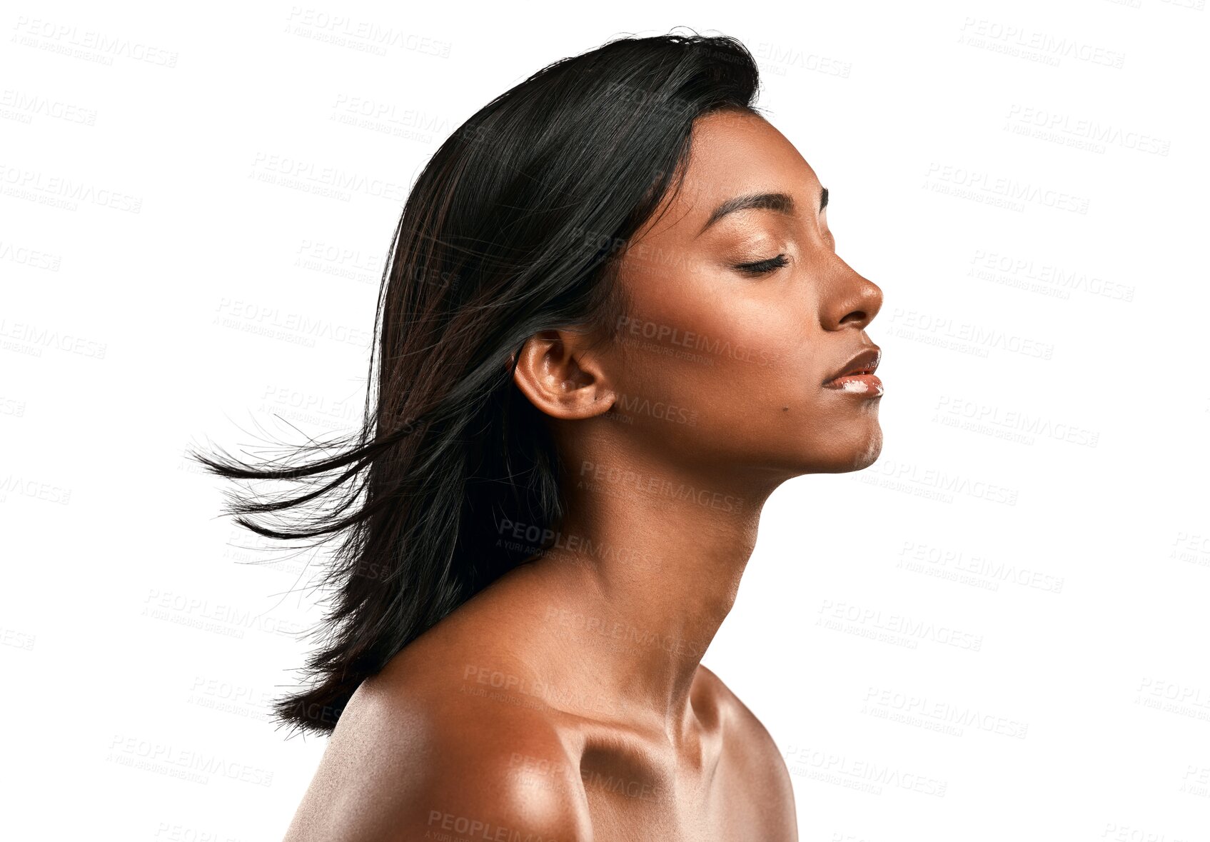 Buy stock photo Hair, care and face of indian woman for beauty, salon or haircare cosmetics in spa treatment on transparent, isolated or png background. Relax, person and clean, natural or healthy hairstyle